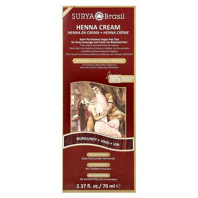 صورة منتج Surya Brasil Surya Brasil Henna Cream Semi Permanent Vegan Hair Dye For Gray Coverage And Toner For Bleached Hair Burgundy بحجم 70 مل