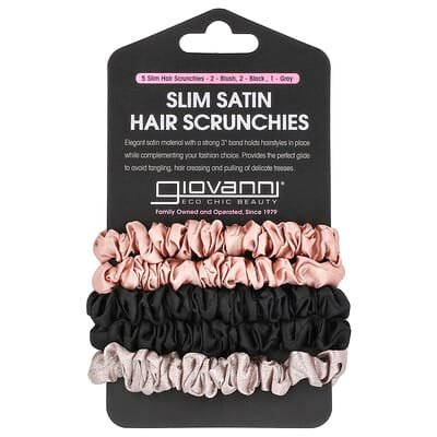 صورة منتج Giovanni Giovanni Slim Satin Hair Scrunchies Blush Black Gray 5 Scrunchies بحجم 5 count